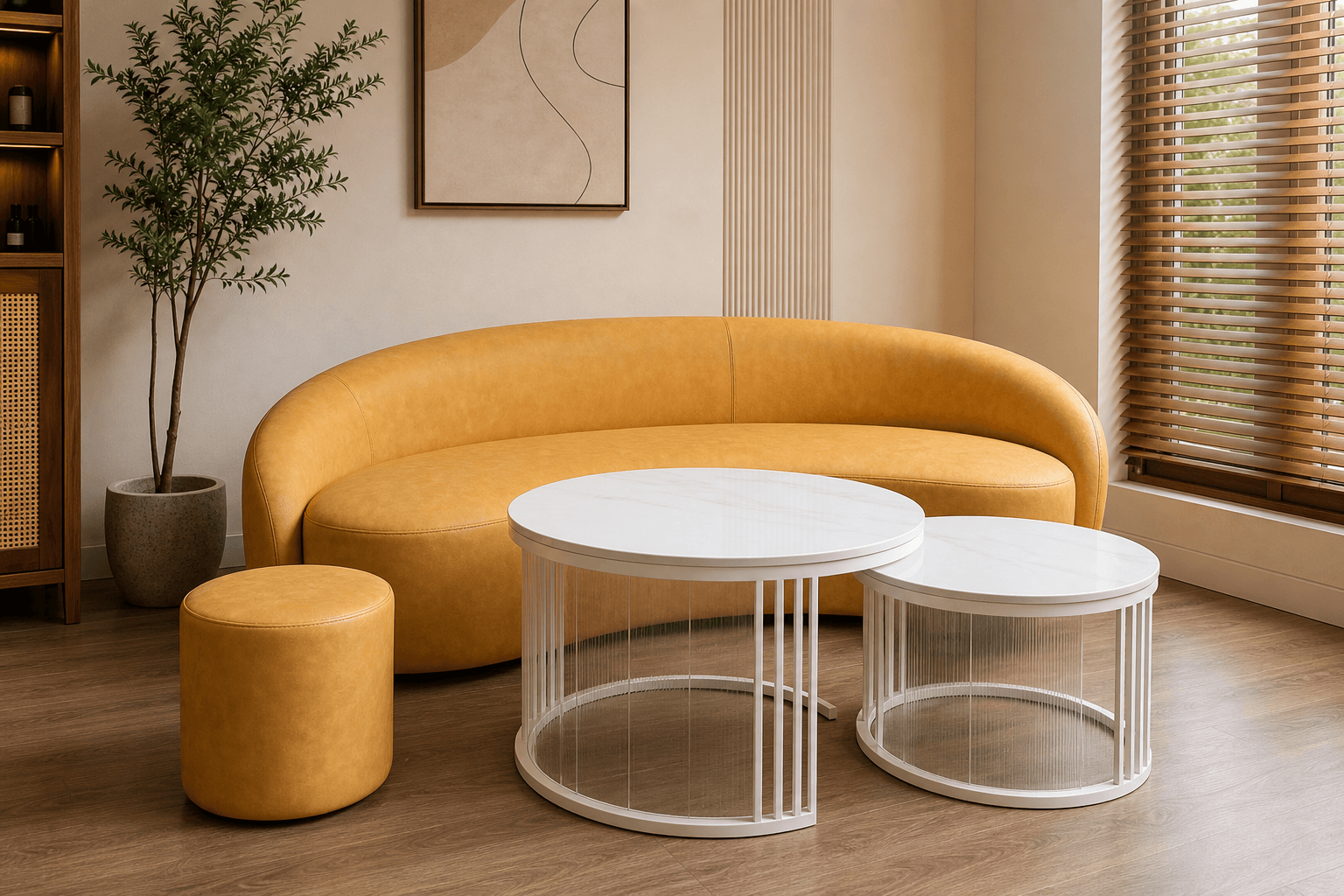 Sofa chờ cong màu vàng cùng bộ bàn tròn nhỏ cho khu tiếp khách salon