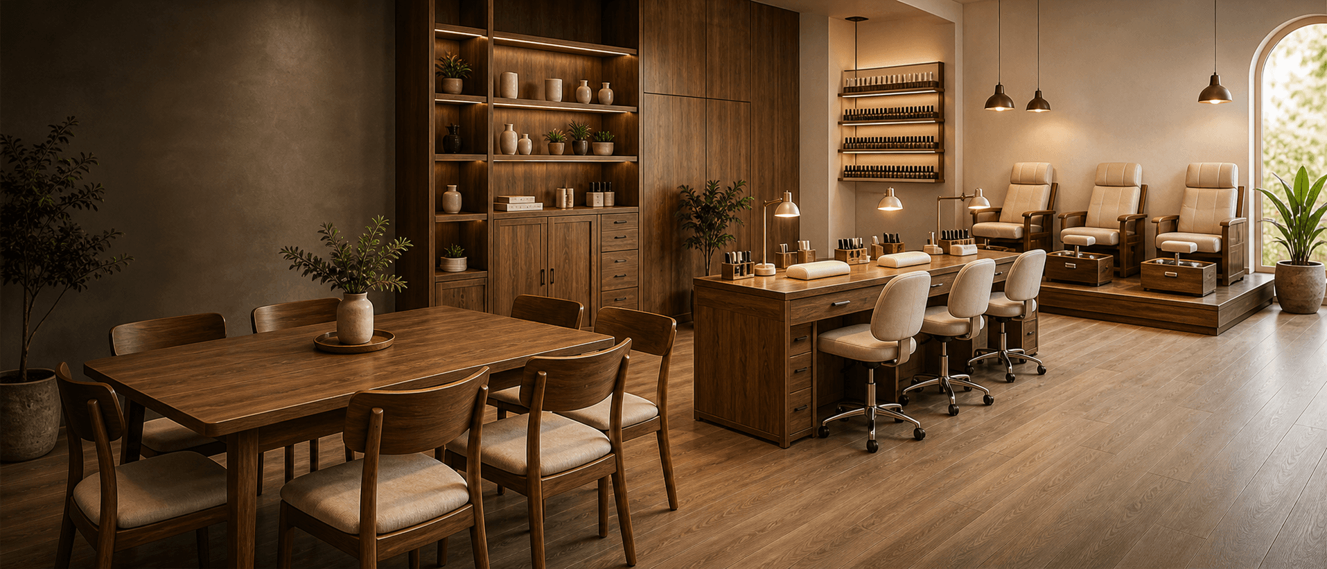 Không gian nội thất nail spa hiện đại với đồ gỗ và khu làm đẹp chuyên nghiệp