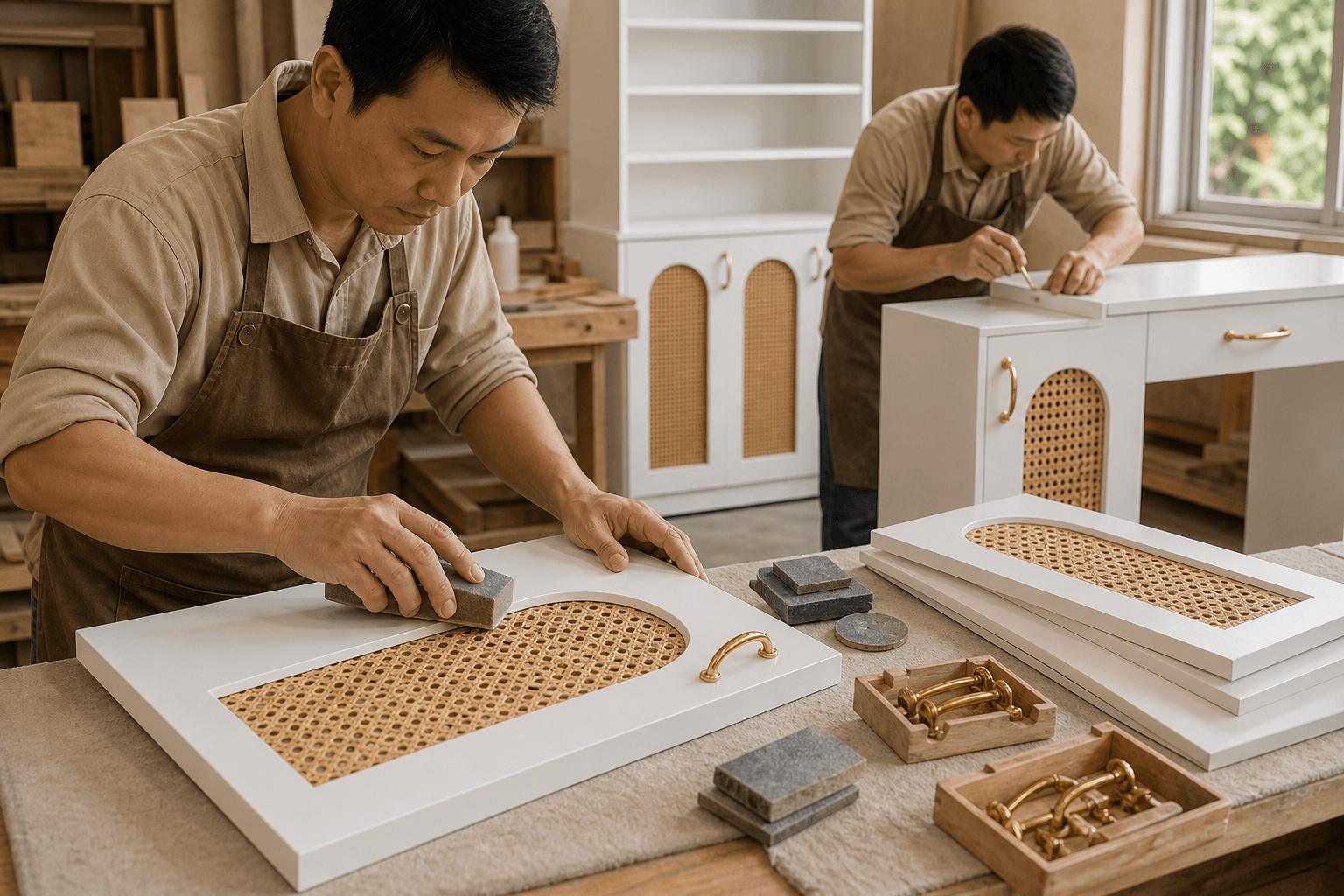 Thợ hoàn thiện chi tiết cánh mây và tay nắm cho bàn nail spa
